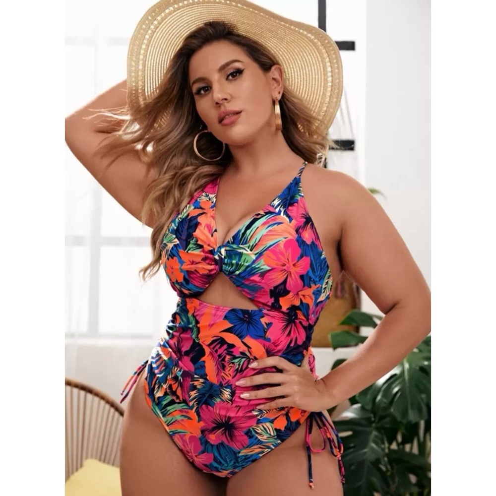 Tropical Floral Print Cut Out Ruched One Piece Swimsuit NWT~Size 2X